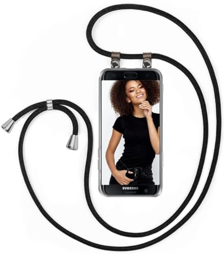 moex Handykette für Samsung Galaxy S7 Edge Hülle mit Band abnehmbar, Handyhülle mit Kette zum Umhängen, Handyband 155 cm lang Stoff Kordel Umhängehülle, Handy Umhängeband, Schwarz