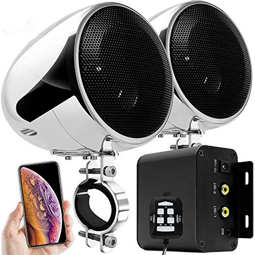 Aileap M150 Moto Sistema Audio Amplificatore con AUX, MP3, Radio FM, 4 pollici Gamma Completa Impermeabile Bluetooth Altoparlanti Stereo, Adatto per 1-1.5 in. Manubrio Moto ATV UTV (Chrome, Al Netto)