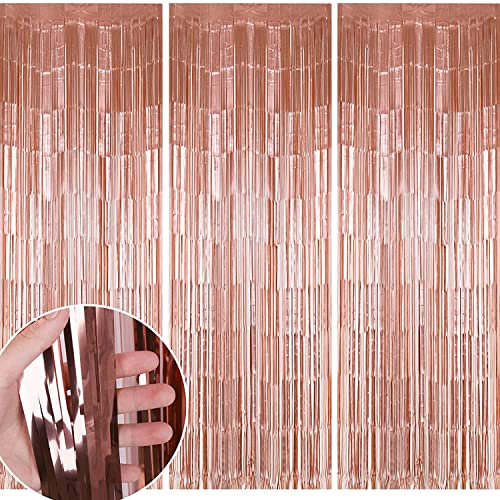 Rose Gold Foil Curtains 3ft x 2.5m, 3 Packs Rosegold Metallic Tinsel Curtain Birthday Decorations, Fringe Curtains for Birthday Graduation Wedding Engagement Bridal Shower Bachelorette Holiday Party