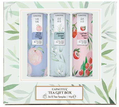 CAPACITEA Hot & Cold Brew Tea Selection Box Lychee Black Tea, Jasmine Green Tea, White Peach Oolong Tea