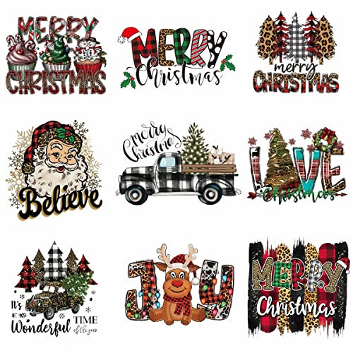 9 Blatt Weihnachten Bügelbilder für T-Shirt Weihnachten Bügelbilder Wärmetransfer-Design Vinyl Aufkleber Abziehbilder Weihnachtsmann Elch Applikationen für Kleidung T-Shirts Jacken Hoodies