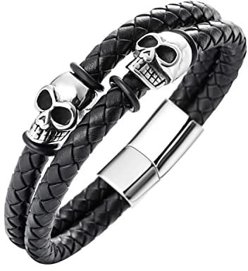 Herren Armband Totenkopf für Mann Männer,Cool Schwarz Leder Edelstahl Skull Armbänder Mit Magnetverschluss Schmuck für Jugendliche Jungen Junge Jungs kinder Halloween Geburtstag Weihnachten Geschenk