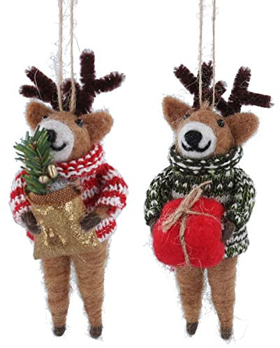 Gisela Graham Christmas Felt Decoration Mixed Wool Deer In Jumper With Tree Parcel