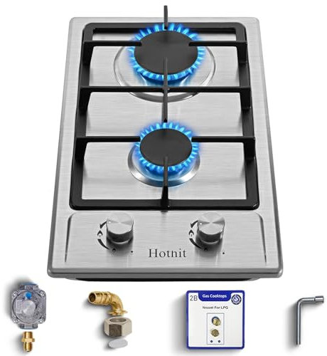 Hothit - Stufa a gas propano a 2 fuochi, 12 pollici LPG/NG a doppio combustibile, piano cottura a gas integrato in acciaio inossidabile per appartamenti, esterni, veicoli