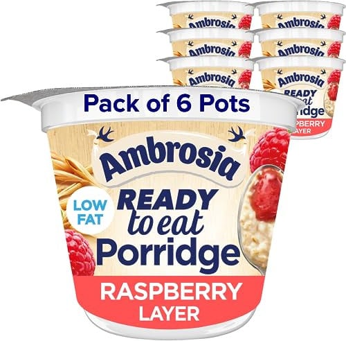 Ambrosia Raspberry Layered Porridge Pots With British Wholegrain Oats, Ready-to-Eat, 210 g (Pack of 6)