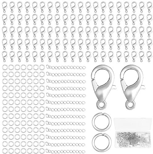 VEGCOO Kettenverschluss, 500 Stück Armband Verschluss 200 Stück Offene Biegeringe 7*0.9mm+100 Stück Verlängerungsketten 50mm+200 Stück Karabinerverschlüsse 12mm Für Die DIY-Schmuckherstellung(Silber)