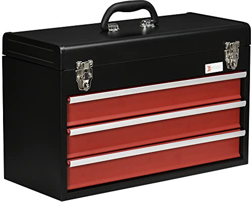 DURHAND Werkzeugkoffer leer, 51 x 22 x 32 cm Werkzeugkasten mit 3 Schubladen, oberes Staufach, Handgriff, Werkzeugkiste mit 2 Schloss, aus Stahl, Schwarz+Rot