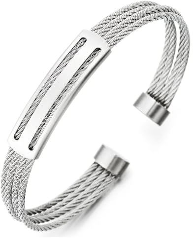 COOLSTEELANDBEYOND Herren Damen Edelstahl Verdrehten Stahlkabel Verstellbare Manschetten Armreif Armband, Silber Farbe