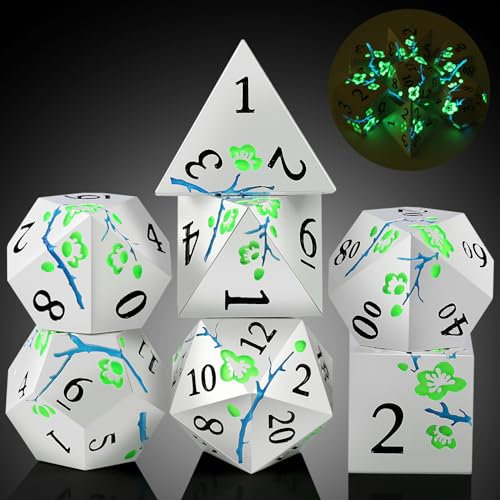 DNDND Metallwürfel, leuchtet im Dunkeln, 7-teilig, grün-metallisch, D&D-Würfel-Set mit großer Geschenkbox für Dungeons und Drachen-Tischspiele, leuchtet im Dunkelgrün)