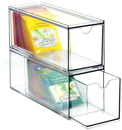 Youngever 3 Drawers Plastic Kitchen Pantry Stackable Storage Organizer, Plastic Tea Packet Organizers, Stackable Tea Bag Holder, 9 x 3 x 3.5