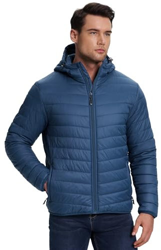 33,000ft Herren Leichte Steppjacke Outdoor Wasserbeständige Übergangsjacke Warme Winterjacke für Männer, Kapuze Wintermäntel Pufferjacke Verstaubar Navy Blau L