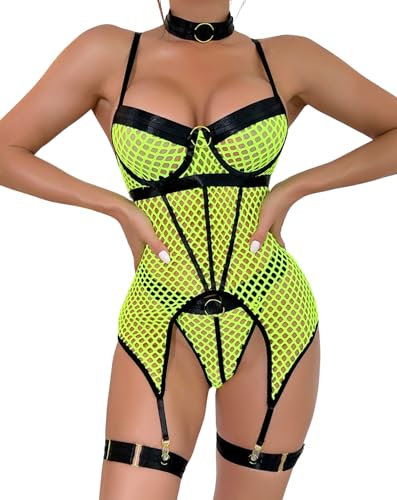 EVELIFE Set di Lingerie per le Donne Body in Rete Sexy con Calze Coscia Girocollo Biancheria intima Nutette Senza Calze, verde, XL