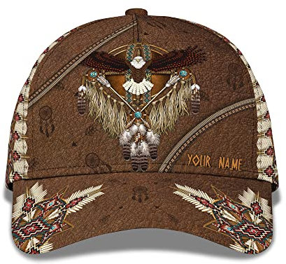 Baseball Kappe Indianer-Druck, Individuelle Namenstext-Wortkappe Mit Perlenbesetztem Weißkopfseeadler Schirmmütze Basecap Sport Baseball Cap Für Reisen, Herren, Teenager