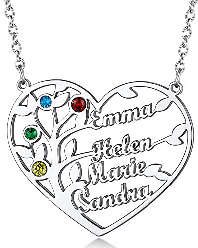 Custom4U Collier Pendentif Coeur Femme Arbre de Vie Généalogique Personnalisé 4 Prénoms Pendentif pour Famille Prénom Gravé Pierre de Naissance avec Chaîne Réglable Acier Inoxydable