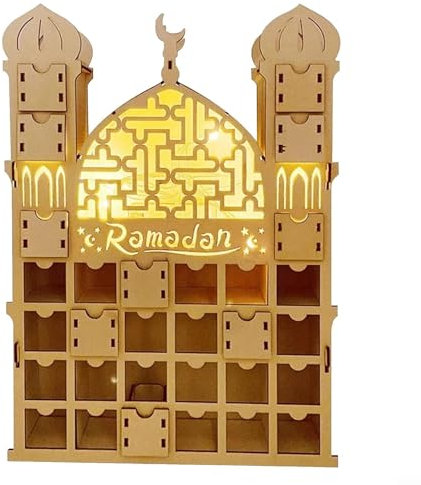 EpheyFIF Adventskalender, Ramadan-Countdown-Kalender aus Holz mit Lichtern und 30 Schubladen, handgefertigter Kirchen-Tischkalender, wiederverwendbarer Kalender für Zuhause, Eid Ramadan