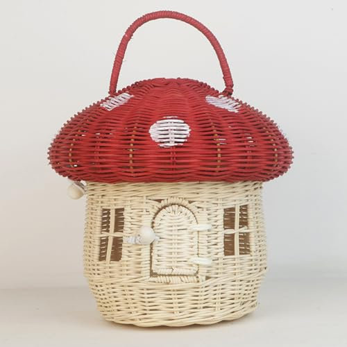 BURLOE Pilz Weidenkorb, Haus Geformte Süßen Tragbarer Rattankorb Mit Deckel Grifffotografie Requisiten Geschenke Für Kind Aufbewahrungskorb Dekorativer,4