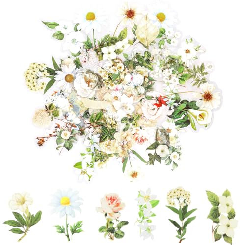 100 Blumen Scrapbooking Aufkleber,PET Transparente Pflanzen Aufkleber,Vintage Bunte Blumenaufkleber,Flower Stickers für Scrapbook Fotoalbum Tagebücher Laptops Karten (Weiß)