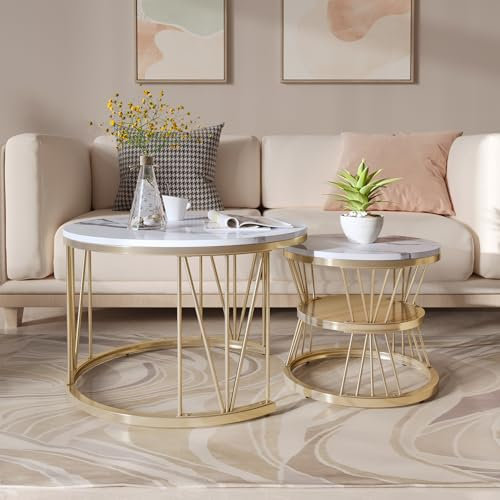 Luminarix Couchtisch Rund, Satztisch 2er Set, Moderne Nesting Couchtisch, Metallrahmen, Marmor Furnier, Sofatisch,für Wohnzimmer Balkon,Gold
