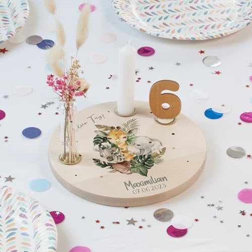 Nord-Kind personalisierter Kerzenteller aus Holz mit Motiv, Namen, Geburtstagskerzen & Zahlen 20cm Ø als Geschenk für Baby & Kinder personalisierter Geburtstagsteller als Geburtstagsdeko (Safari 3)