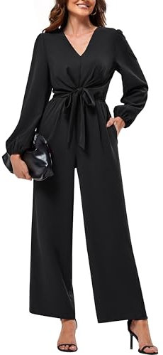 JASAMBAC Women'S Jumpsuits，Long Sleeve Jumpsuit Wide Leg Jumpsuits Festival Outfit One Piece Casual Jumpsuits V Neck&High Waist Romper Travel Outfits With Pockets