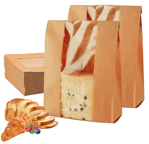 TICKLELY 50 Piezas Bolsas de Papel Kraft – Bolsas de Papel para Pan con Ventana Transparente – Bolsas Marrón para Pan y Mantequilla - Viene Con Pegatina de Sellado