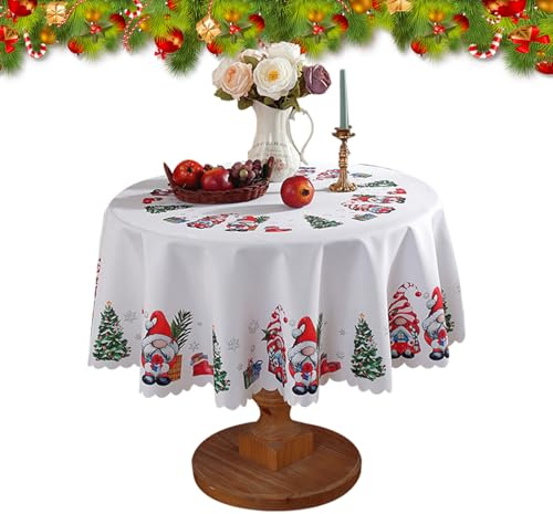 Runde Weihnachten Tischdecken 150cm wasserdichte Weihnachtstischdecke Weihnachtsbaum Zwerge Santa Tischdecke für Winter Xmas Hochzeit Party Tischdekoration (A)