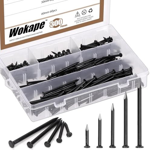 Wokape 300Pcs Stahlnägel Sortiment Kit, 20MM 30MM 40MM 50MM 60MM Schwarz verzinkte Hardware Nägel Zementnägel für hängende Bilder, Wandnägel, Holznägel, Finishing Nägel, Haushalt und DIY