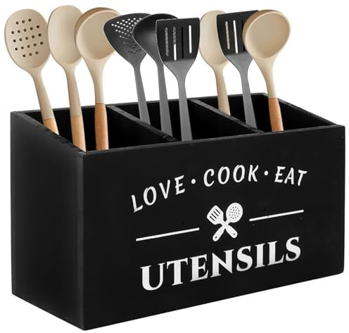 LOPYXBR Porte-ustensiles de cuisine avec 3 compartiments, rangement pour ustensiles de cuisine, ustensiles de cuisine, rangement pour couverts, cuillères, spatules - Noir