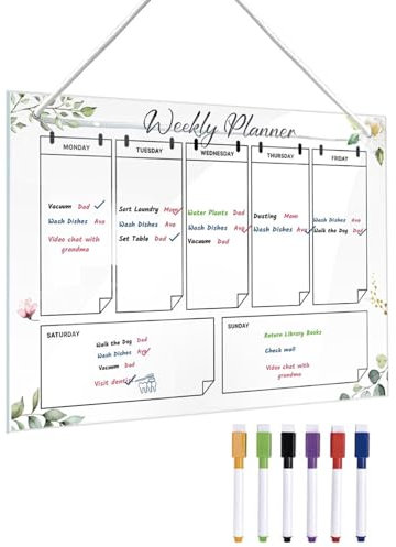 Acrylic Weekly Calendar - Family Planner | Whiteboard, Includes 6 Color Markers, Housewarming Planning Board for Refrigerator, Glass, Wall