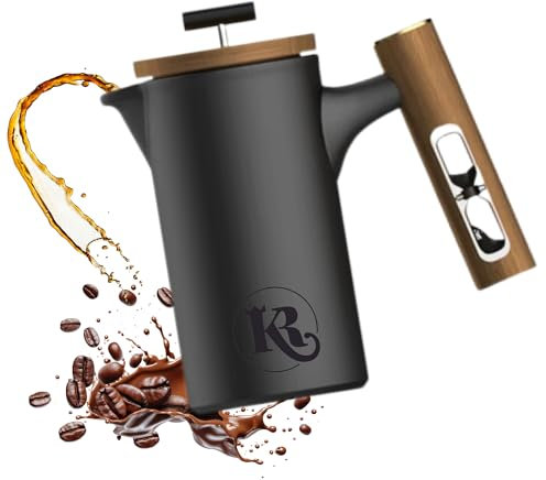 brandXzilla KR Polaris Cafetière à piston en céramique (600 ml) avec sablier - Presse à café manuelle en céramique avec bois de noyer et presse en acier inoxydable - Pour jusqu'à 4 tasses - Noir