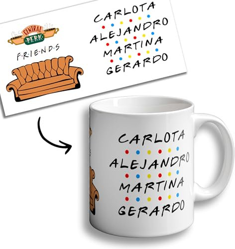 OOPS Taza Friends personalizada con nombres - Tazas Originales para Regalar - Regalos Frikis - Mug Cerámica. 330ml. (Sofa con nombres)