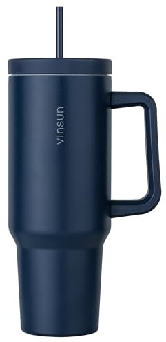 Vinsun Thermobecher 1200ml - Tumbler Mug 40oz mit Strohhalm und Henkel - Edelstahl, doppelwandig isoliert - Heiß & Kaltgetränke - Isolierbecher, Trinkflasche