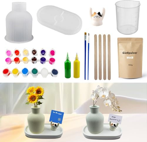 Gießpulver Starterset,Enthält Keramik Gießpulver weiß 900g, DIY Blumenvase Silikonformen Reliefgießpulver zum Ausgießen mit Kreativ-Beton, für DIY Geschenkidee