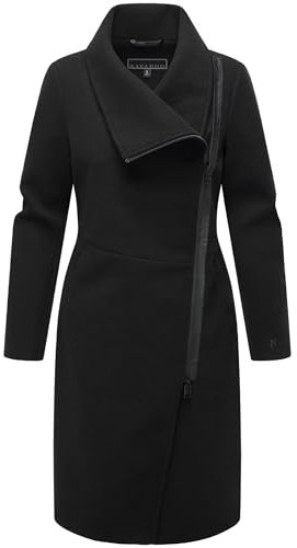 Navahoo Damen lange Übergangsjacke Mantel in Woll-Optik mit asymmetrischem Kragen und wasserdichtem Reißverschluss Samtrose 14 Black Gr. XS