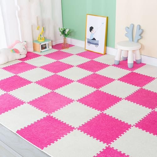 HCZKIUJY Splice-Ineinander greifender Teppich, kurzflorige, quadratische Ineinander greifen-Bodenmatte, 12-teilig, Puzzle-Bodenmatte aus Schaumstoff, Puzzle-Teppich, zuschneidbare,Rose Red+White