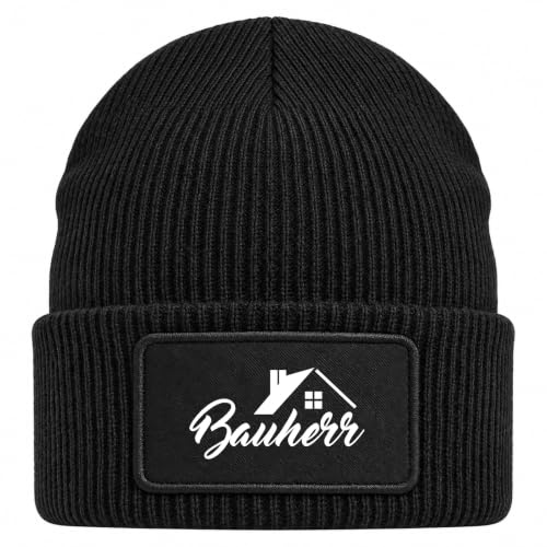 Huuraa Beanie Bauherr Geschenk | Black Geschenkidee Schwarze Rippstrick Wintermütze mit austauschbarem Klett Patch