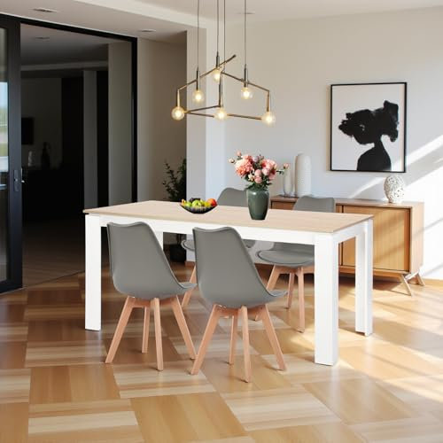 FURNITABLE Esstisch mit 4 Stühlen Esszimmergruppe, Esszimmerstühle und Rechteckig Küchentisch Essgruppe Sitzgruppe für Wohnzimmer Küche Büro(160cm Eiche-Weiß Tischbein Tisch+4 Grau Stühle)