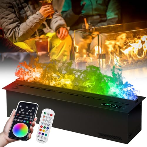 Elektrischer Dampfkamin Zum Einbauen – 9-Farbige 3D-Nebelflamme, Kaminbefeuchter, 3D-Simulierte Flamme, Berührbarer Nebel, Mit App Und Fernbedienung, Automatische Wasserversorgung 150cm/59in