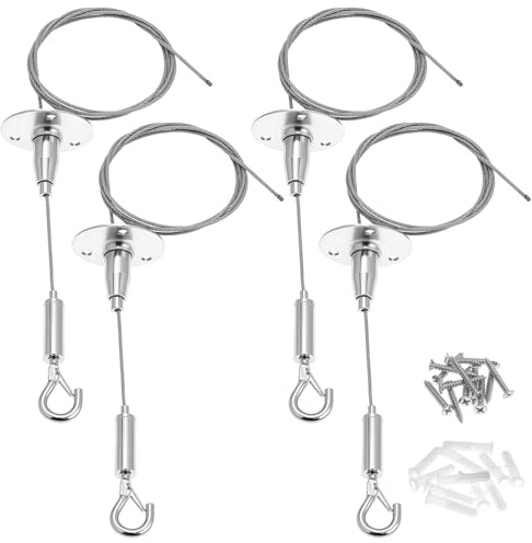 QWORK Lot de 4 cintres réglables pour panneau de plafond, corde de fer argentée de 1 m avec surface en caoutchouc, diamètre du fil de 0,6 cm, capacité de charge de 5 kg, idéal pour les panneaux LED