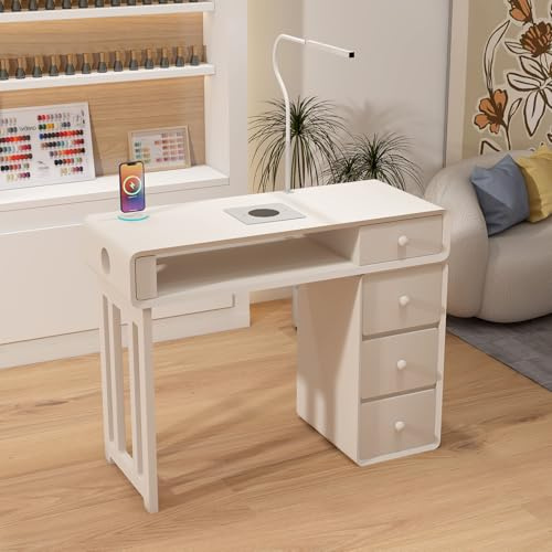 UKETO 80CM Moderne Maniküre Tisch – Multifunktionaler Nageltisch Mit Absaugung Beleuchtung Kabellosem Laden Und Staubabsaugsystem Für Nagelstudio Tisch Und Den Heimgebrauch (31.5IN)