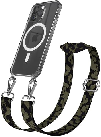 EAZY CASE Handykette - Verstellbares Taschenband kompatibel mit iPhone 15 Pro Max, Schulterriemen, Handykordel mit Silikon Hülle, Qi Charging kompatibel, Umhängetasche, Dunkelgrün Camouflage Silber