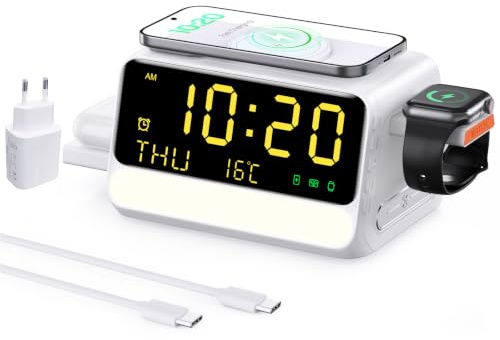 Stazione di ricarica wireless 7-in-1 con sveglia, luce notturna a controllo vocale, temperatura e data, 33W, supporto di ricarica rapida compatibile con telefoni iPhone Samsung (Blanco)