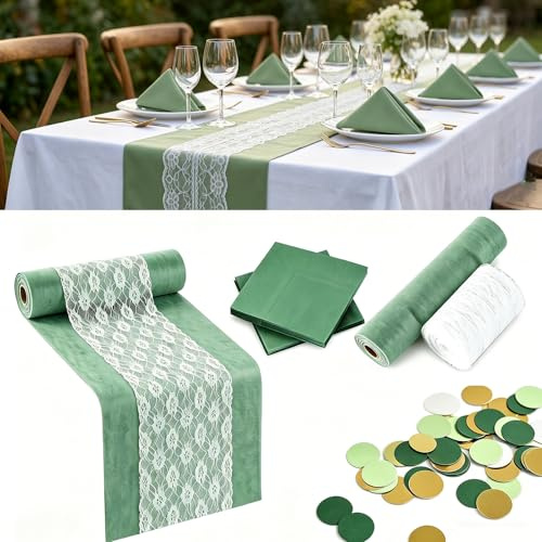 Grüner Eukalyptus Tischdeko Set mit Spitze und VliesKomplett-Set | Tischläufer, Servietten, Streudeko – Ideal für Konfirmation, Kommunion, Hochzeit und Geburtstag