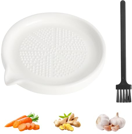 Keramikreibe Weiß mit Bürste für Ingwer Knoblauch und Gewürze | Dreieckszähne Rillen und Ausgießer helfen Saft und feine Paste zu sammeln die glasierte Oberfläche lässt sich leicht reinigen