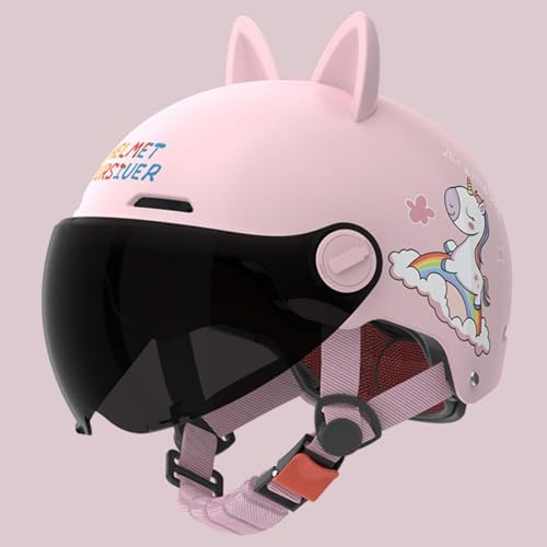 Casco Moto Bambina Rosa Con Unicorno E Arcobaleno, Casco Scooter Bambini Omologato ECE Con Visiera Oscurata, Casco Bici Regolabile Con Orecchie 3-12 Anni 5,48~55cm