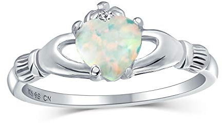 Personalize Sorority Sister BFF Celtic Irish Friendship Promise Crown Heart White Created Opal Claddagh Ring For Women Teen .925 Sterling Silver October Birthstone Customizable