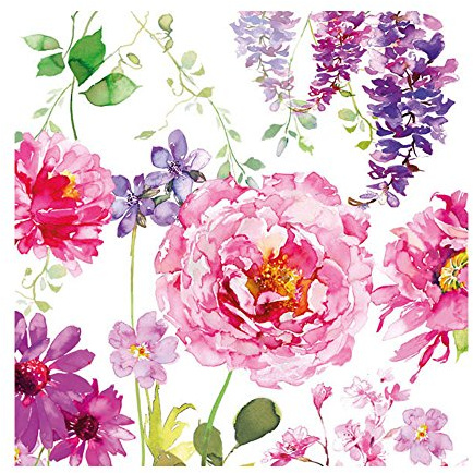 Ambiente Ensemble de 20 serviettes en papier Serviettes 3 plis, roses, blanches, violet, 33 x 33 cm.