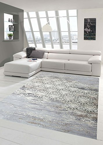 Designer Teppich Moderner Teppich Wollteppich Meliert Wohnzimmerteppich Wollteppich Ornament Grau Cream Taupe Größe 80x150 cm
