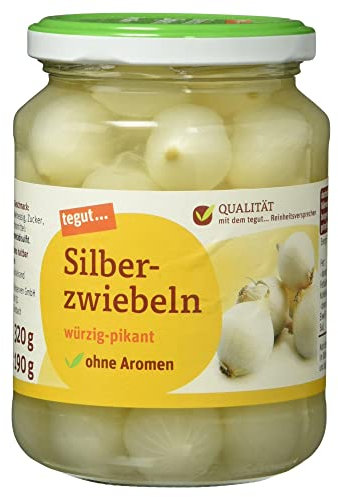 tegut... Silberzwiebel im Glas, mild würzigen aromatischen Geschmack, wiederverschließbar, 330g (Abtropfgewicht - 190g)