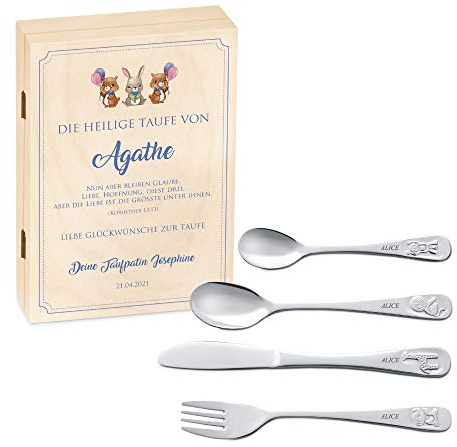 Maverton Kinderbesteck Set mit Gravur + Holzbox mit Aufdruck - mit Tieren - aus Edelstahl - Braun - Geschenk für Mädchen zum Geburtstag zur Taufe Geburt - Kaninchen